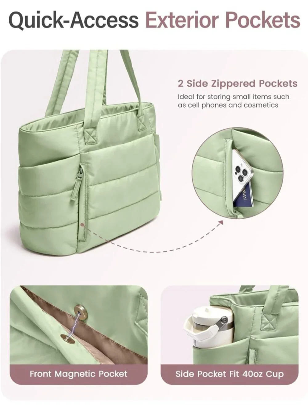 👜Women's Foam Green Quilted Puffer Tote Bag Zipper Work Bag With Compartments